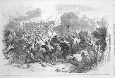 The Battle at Bull Run: The Gallant Sixty-Ninth N.Y.S.M. Assaulting a Rebel Battery Masked with Bushes and Carrying it at the Point of the Bayonet, from 